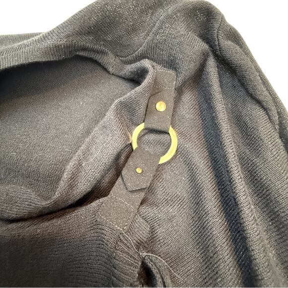 NWT INC Black Fringe Shawl Drape Front Top Long Sleeve Shoulder Buckle - Picture 6 of 16